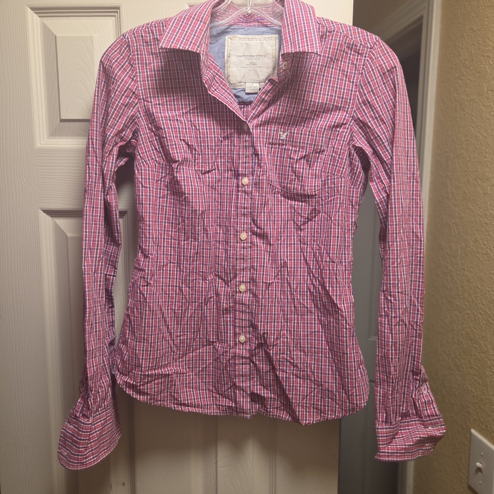 AE Pink and Purple Checkered Button-Up Shirt